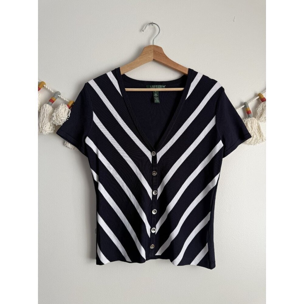 VTG Lauren Ralph Lauren Navy Bias Striped V-neck Knit Top Nautical Preppy Y2k S